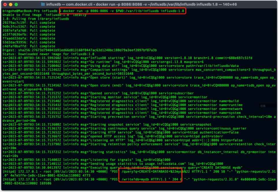 在這個(gè)示例中，我們首先連接到InfluxDB（類似于連接到MySQL數(shù)據(jù)庫），然后創(chuàng)建一個(gè)名為mydb的數(shù)據(jù)庫（類似于在MySQL中創(chuàng)建一個(gè)新的數(shù)據(jù)庫），并切換到創(chuàng)建的數(shù)據(jù)庫（類似于在MySQL中選擇一個(gè)數(shù)據(jù)庫）。接著，我們準(zhǔn)備了一條名為cpu_load的數(shù)據(jù)（在InfluxDB中，measurement相當(dāng)于MySQL中的表名），并為數(shù)據(jù)添加了host和region標(biāo)簽（類似于MySQL中的索引列）。最后，我們將數(shù)據(jù)寫入到InfluxDB中（類似于在MySQL中執(zhí)行INSERT語句）。  執(zhí)行上面的代碼后我們可以看到我們的操作成功了： 圖3